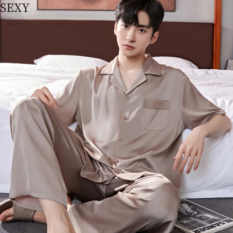 维多利亚男士桑蚕丝短袖睡衣套装