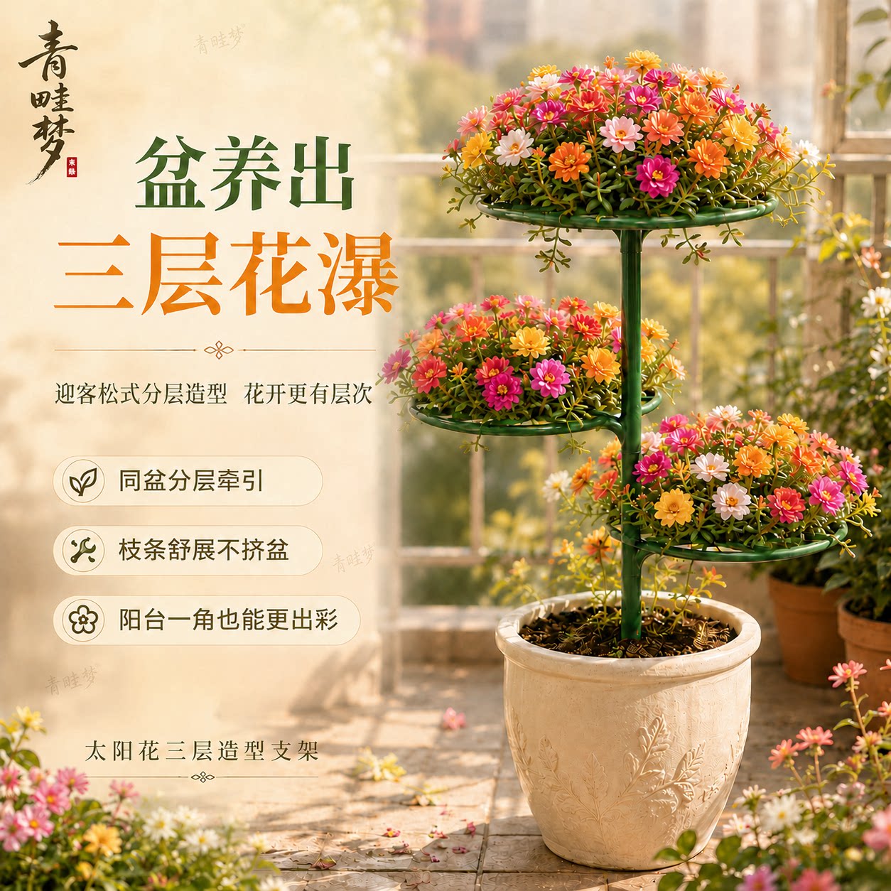 太阳花三层迎客松造型支架松叶牡丹盆栽枝条固定托花盘阳台插土式
