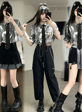 kpop女团爵士舞啦啦操演出服主播服装跳舞gogo酷辣妹性感银色上衣