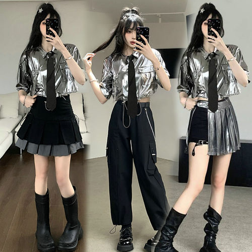 kpop女团爵士舞啦啦操银色演出服