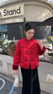 红色小立领丝缎提花国风羽绒服女洋气妈妈冬装高端保暖白鸭绒外套