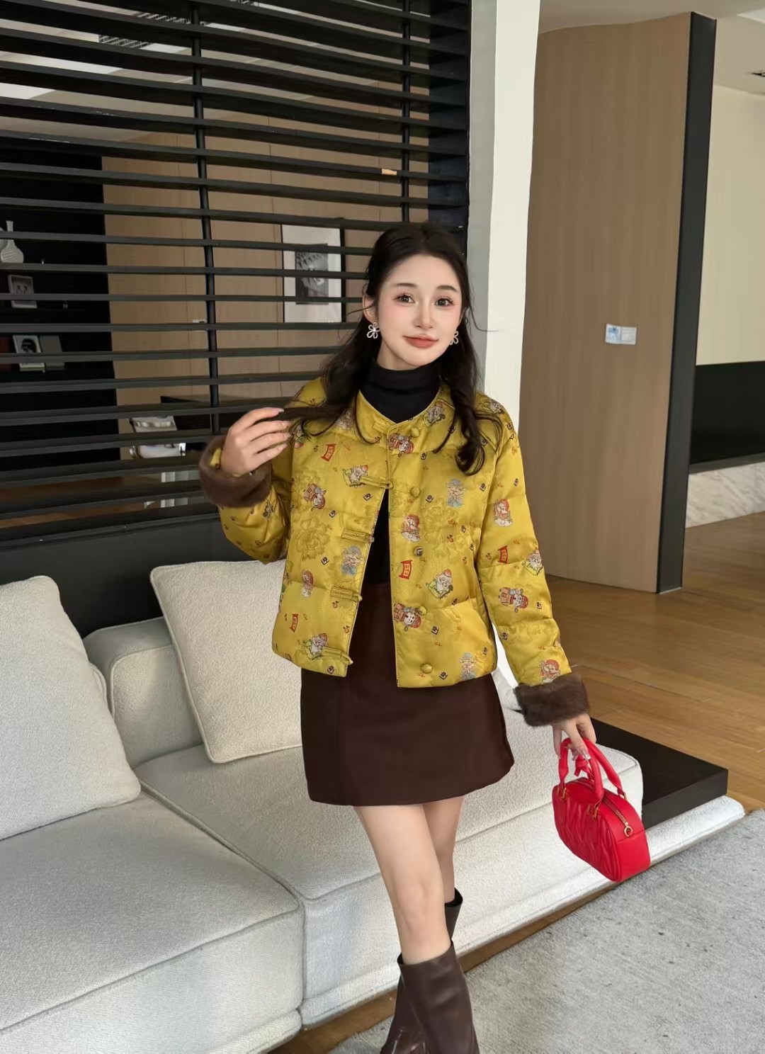 小财神中式国风印花短款羽绒服女2024新款小个子90白鸭绒外套冬季