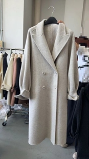 23220简约也简单双排扣修身小灯笼袖双面羊毛呢大衣外套