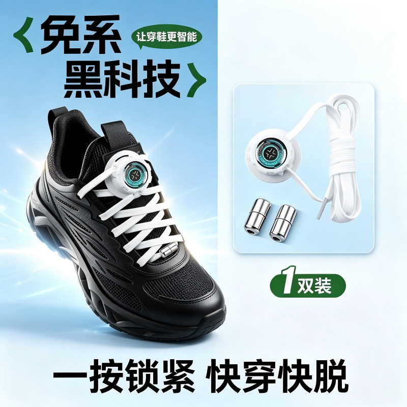 鞋带免系神器男款女款黑色扁平加宽懒人鞋带绳旋转纽扣卡扣固定器