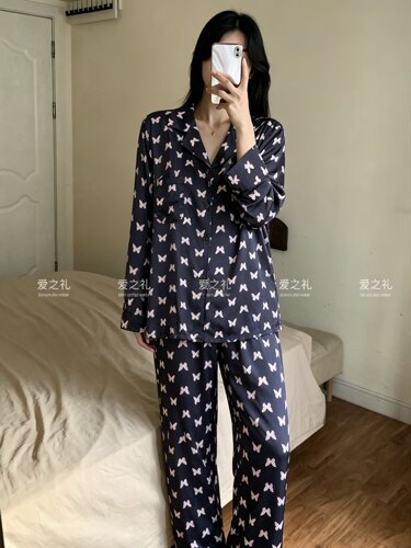 爱之礼衬衫款丝质丝滑仿真丝冰丝睡衣套装长袖长裤家居服男朋友款
