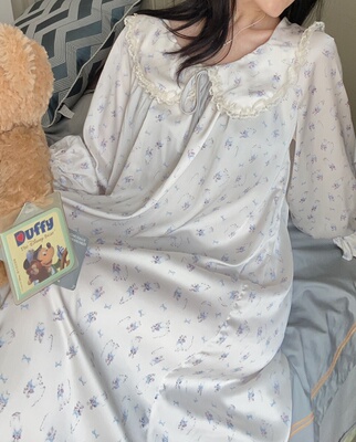 爱之礼法式复古少女甜心碎花小猫冰丝蝴蝶结家居服长裙睡衣套装