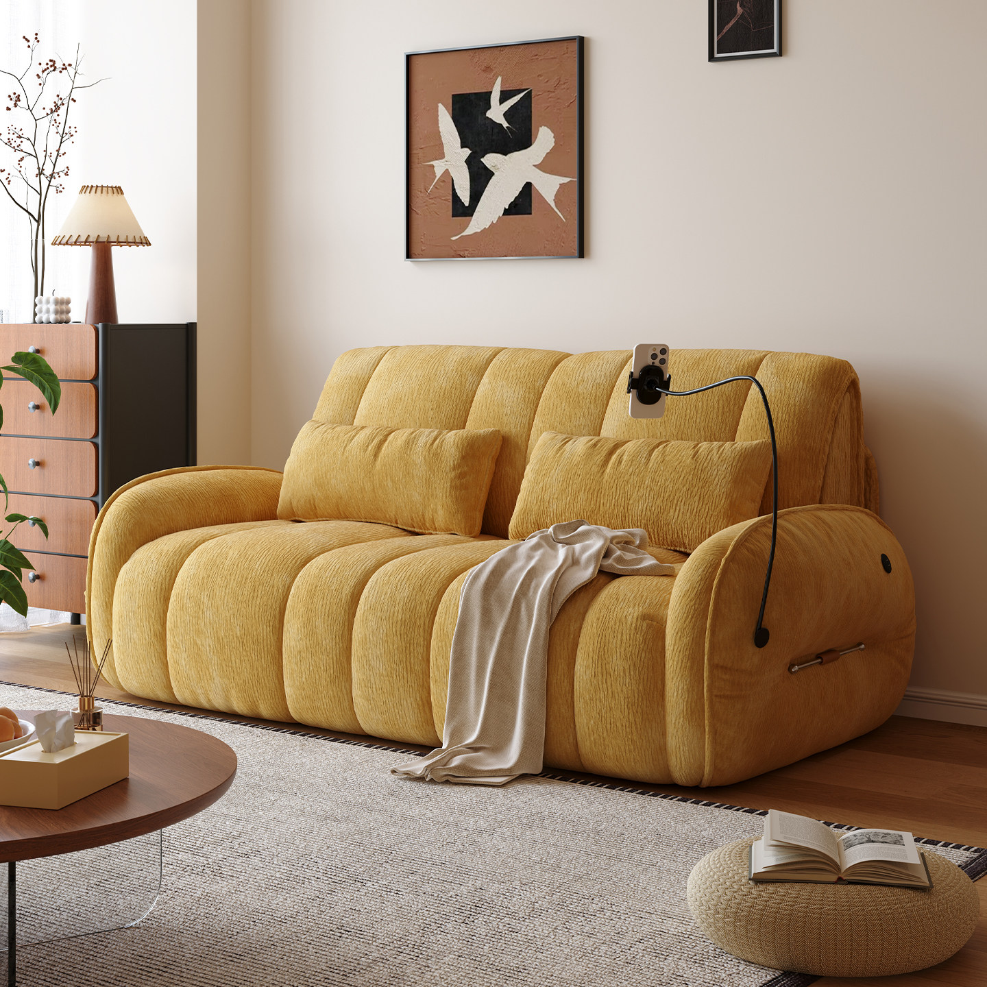 木宫匠南瓜电动沙发床一体两用可伸缩雪尼尔客厅可调节沙发多功能