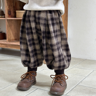 子一体绒2025新款 格子童装 秋冬季 儿童灯笼裤 宝宝哈伦裤 男童加绒裤