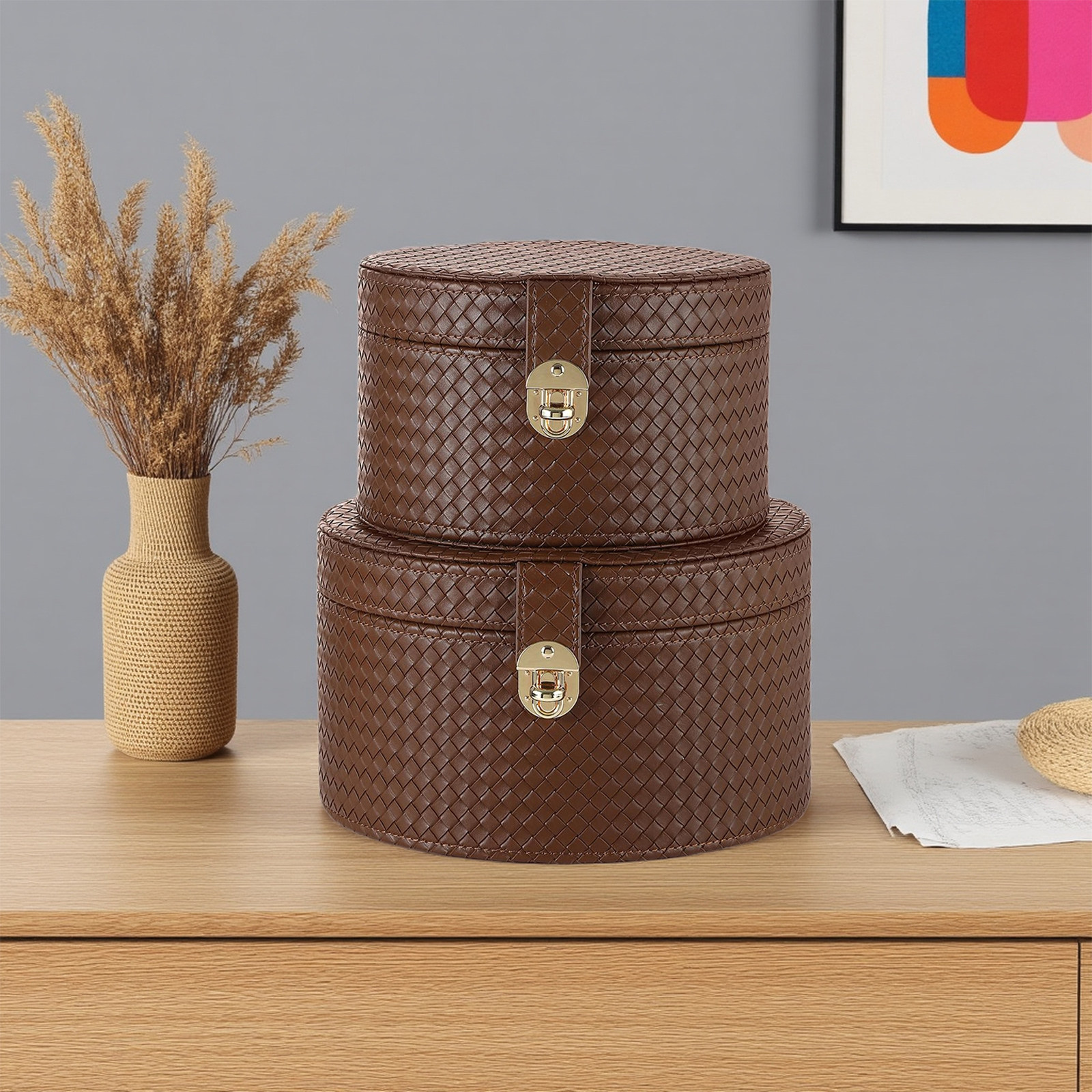 皮质欧式圆形帽子收纳盒咖啡色编织纹皮革礼品小盒子储物时尚新品