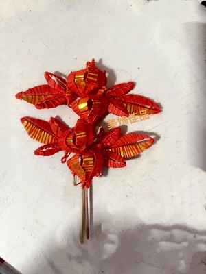 闽南春花七娘妈生发夹边夹头花红色扎花发掐女敬茶传统纯手工头戴