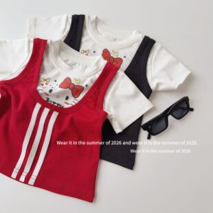 韩版女童2026假两件短袖上衣 小童装韩版衣服高弹宝宝短上衣T恤韩