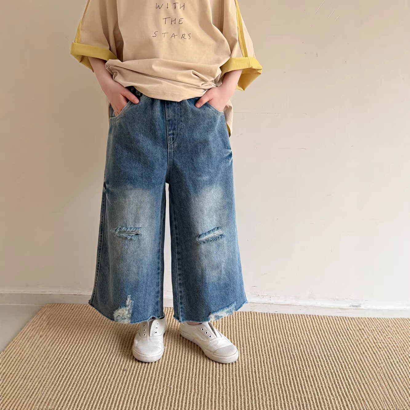 韩系童裤2026夏季男女童韩版破洞毛边牛仔裤儿童休闲薄款九分裤子