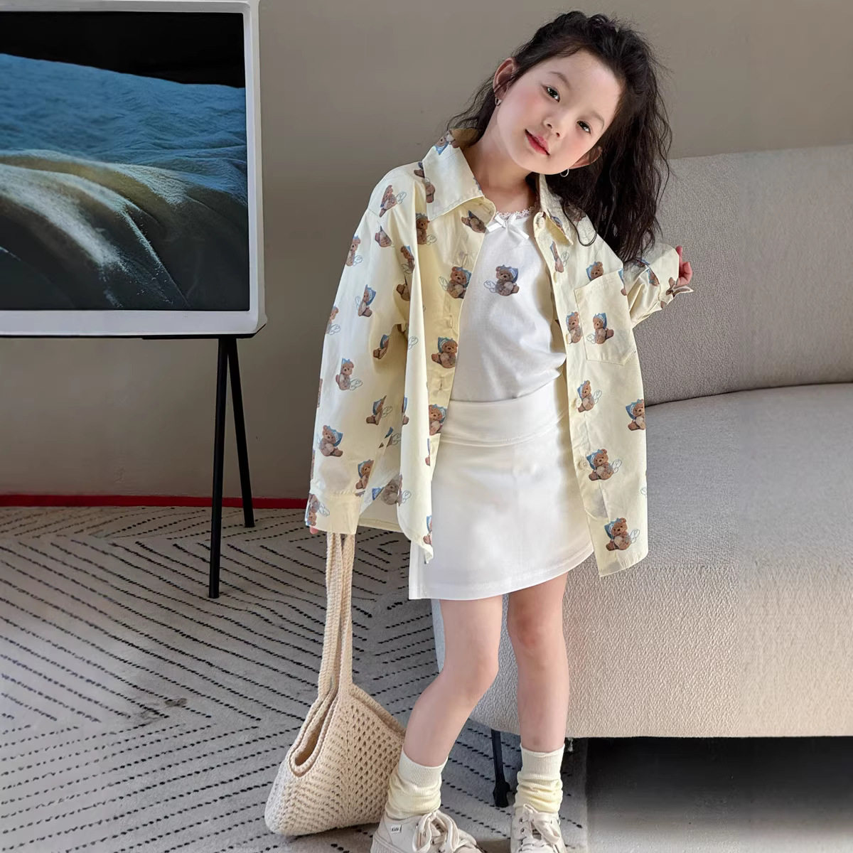 韩系春夏装上衣 女童春夏新款韩版小熊衬衫 儿童可爱满印衬衣开衫