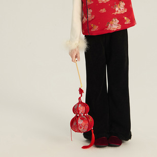 韩系女童中大童黑色百搭气质长裤子加厚保暖洋气加绒毛毛边喇叭裤