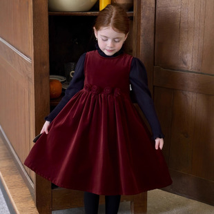 橙乐25冬季女童全棉天鹅绒法式复古连衣裙 女童立体花朵背心裙子