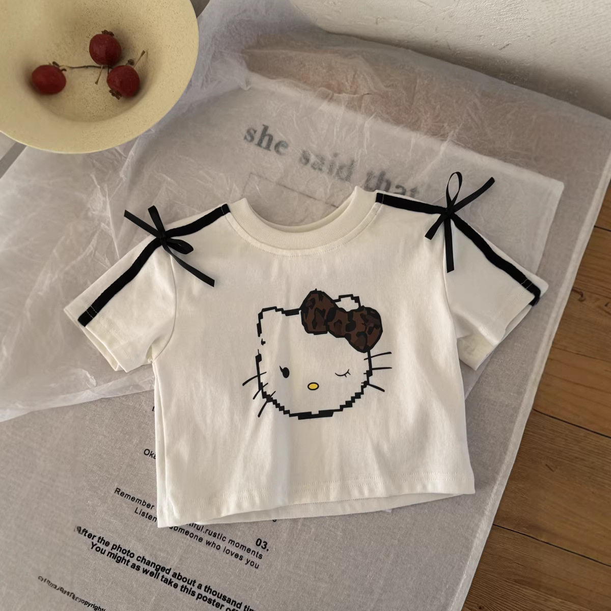 韩系夏装 女童卡通印花短袖T恤女宝宝韩版织带蝴蝶结豹纹猫咪上衣