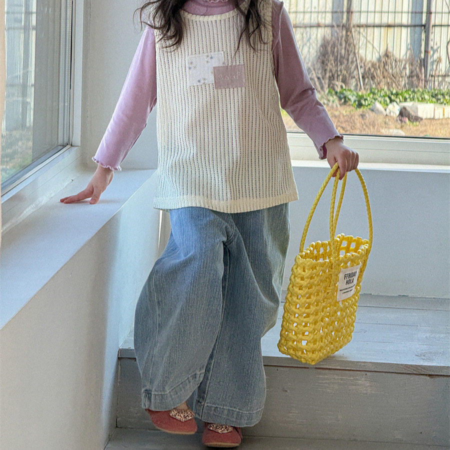 韩系春装阔腿休闲女童裤2026春季新款韩系浅色百搭款纯色牛仔裤子