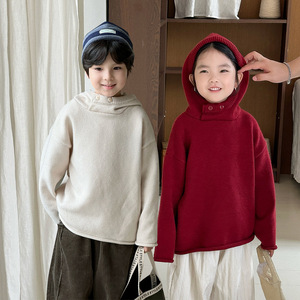 韩版秋冬新款儿连帽套头毛衣男童女童纯色休闲慵懒百搭上衣打底衫