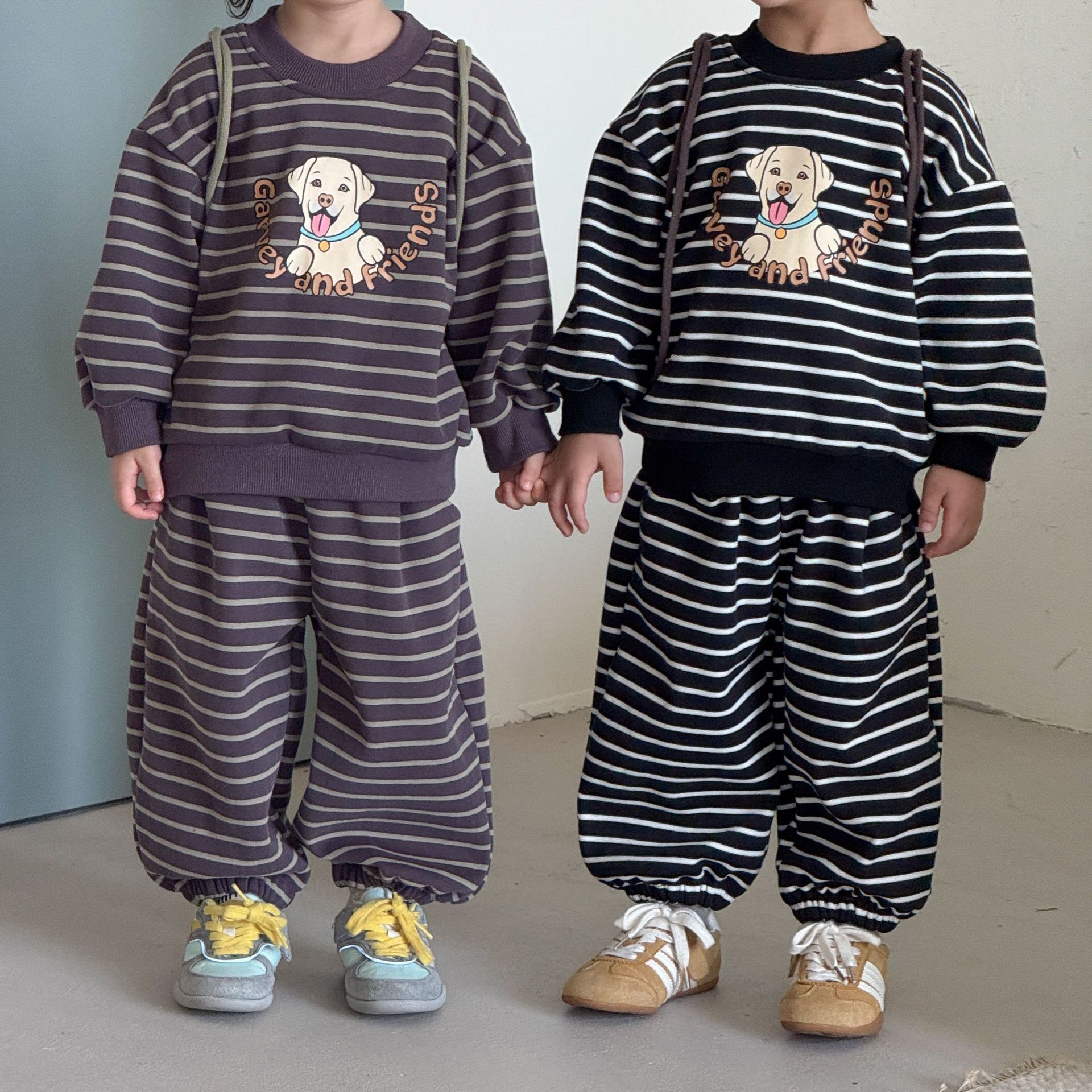 儿童秋冬季套装加绒运动男童装条纹宝宝休闲2026新款女童卫衣裤子