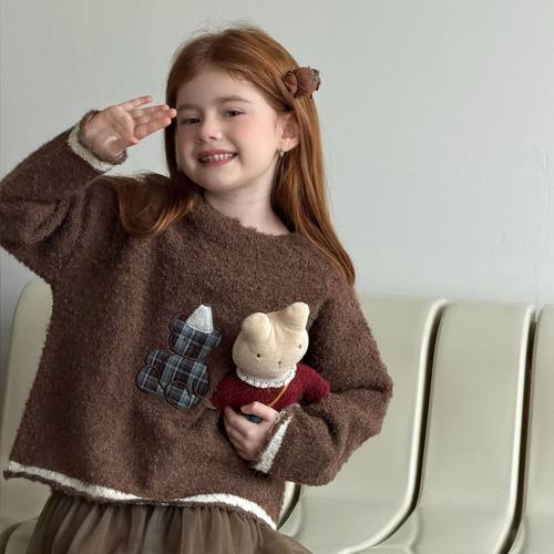 儿童刺绣毛衣冬加厚2025新款12%羊毛小熊撞色针织衫女童软糯上衣