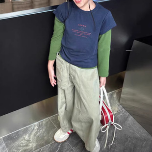 2026春季新款女童韩版假两件撞色字母打底衫长袖洋气辣妹圆领上衣