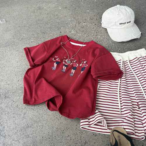 儿童夏季美式人物snap短袖亮色T恤男女童深红色卡通圆领半袖上衣t