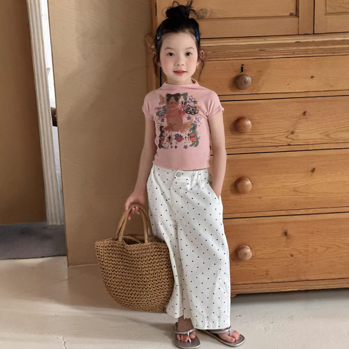 韩系夏装 女童数码印花半高领短袖T恤儿童夏辣妹弹力修身短款上衣