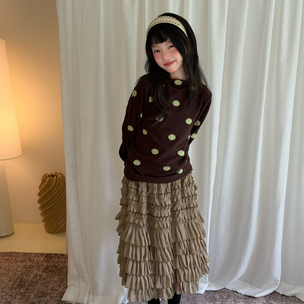 韩系暖女童2026年冬款波点打底毛衣撞色波点圆领弹力保暖长袖毛衣