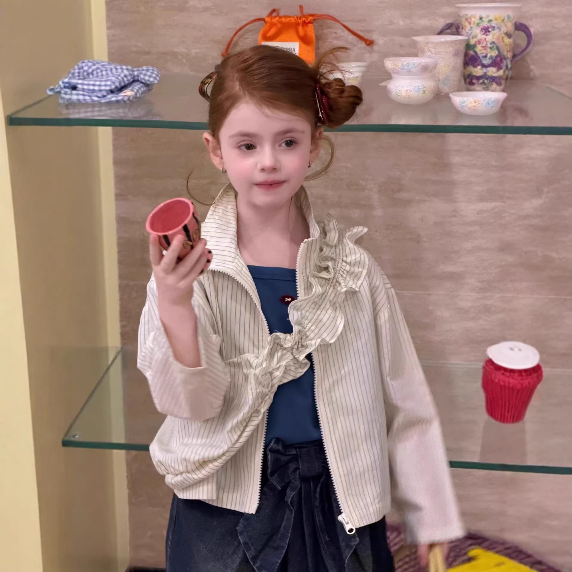 春夏新款女童条纹拉链衫时尚洋气长袖薄款外套 儿童棉布衬衣含包