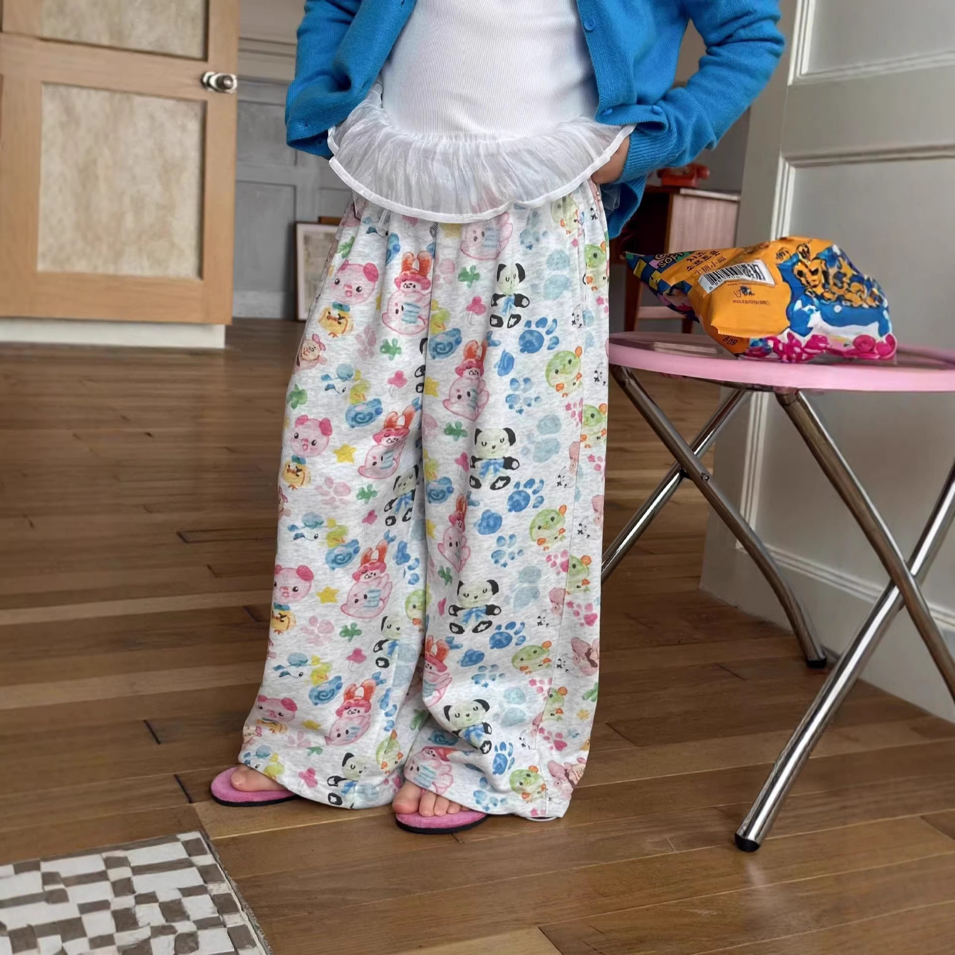 韩系春童装童裤儿童卡通满印阔腿裤2026春夏新款男女童可收口长裤