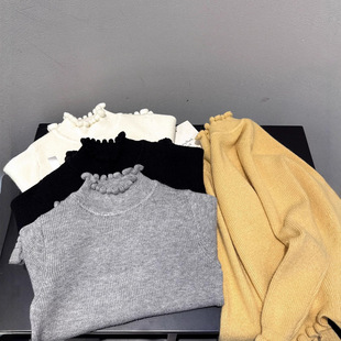 2025秋冬新款儿童纯色毛衣打底衫女童半高领花边针织上衣韩系童装