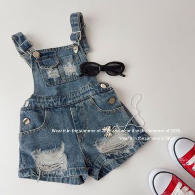 美式复古破洞牛仔背带裤女童夏季韩系夏装纯色休闲百搭学院风洋气