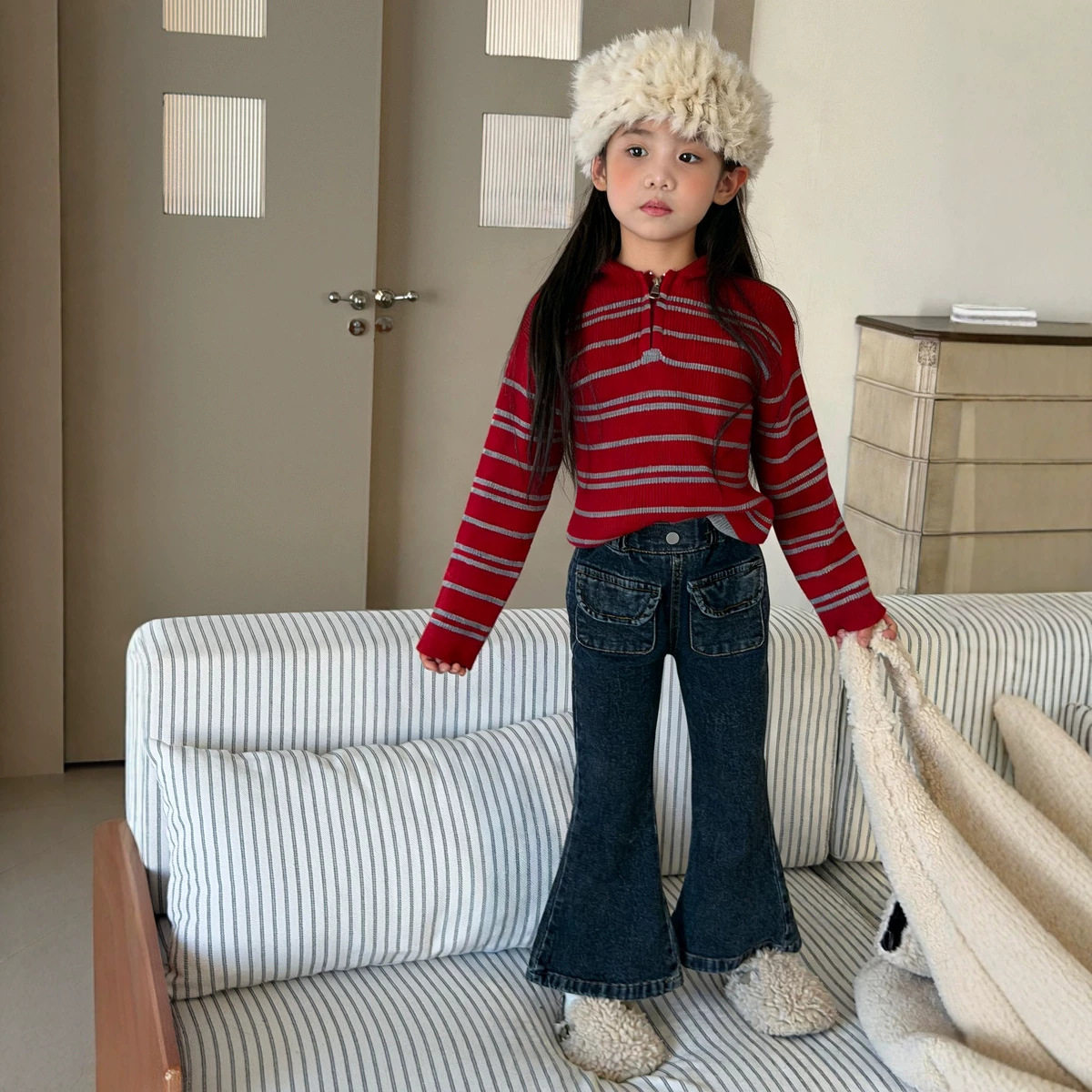 瑜瑜公主 女童秋季韩版红条纹半拉链针织衫儿童宽松毛衣打底上衣