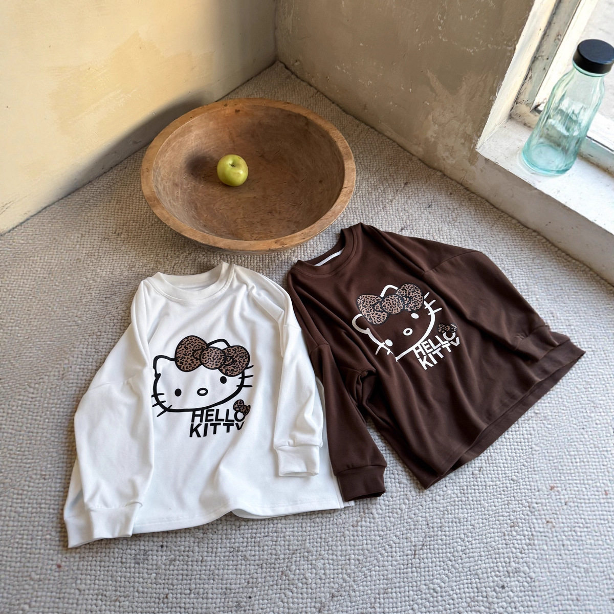 韩系保暖上衣女童秋冬韩版豹纹KT印花长T 儿童宽松开叉中长款打底