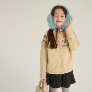 韩系秋冬装女童线衣打底衫上衣提花针织开衫毛衣田园森系洋气新款