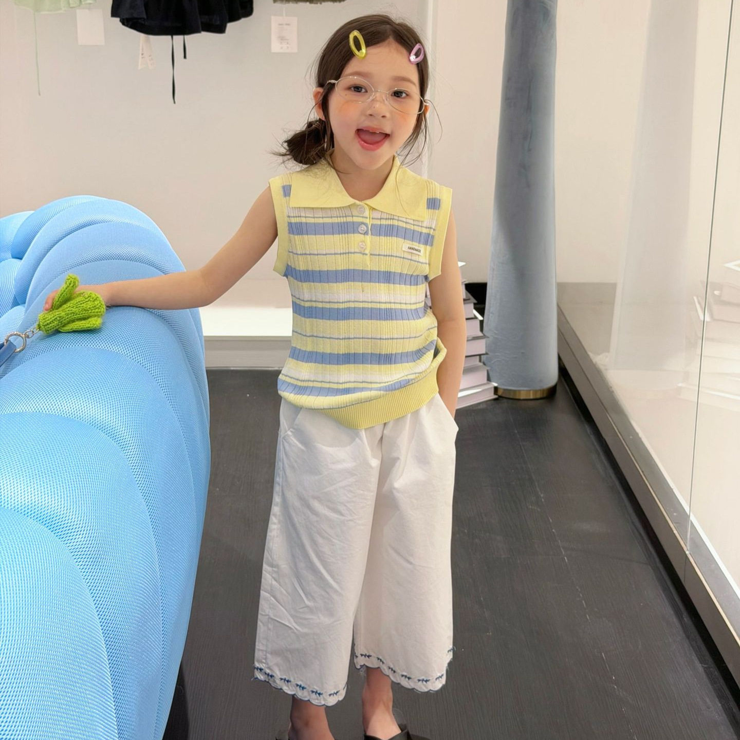 2026夏季新款童装 韩版童装 女童条纹polo领薄款毛衣无袖毛衣夏装
