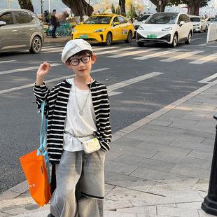 韩系2026春季新款儿童针织防晒条纹开衫男童韩版外套休闲宽松上衣