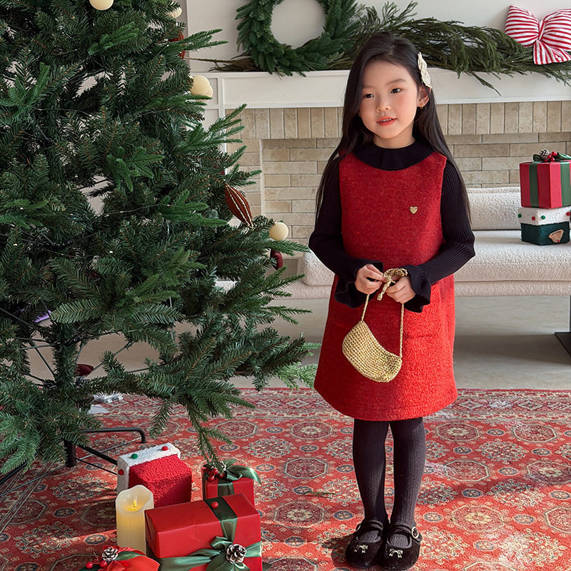 含15%羊毛~女童过年红色公主连衣裙时髦新年款裙子爱心毛呢背心裙