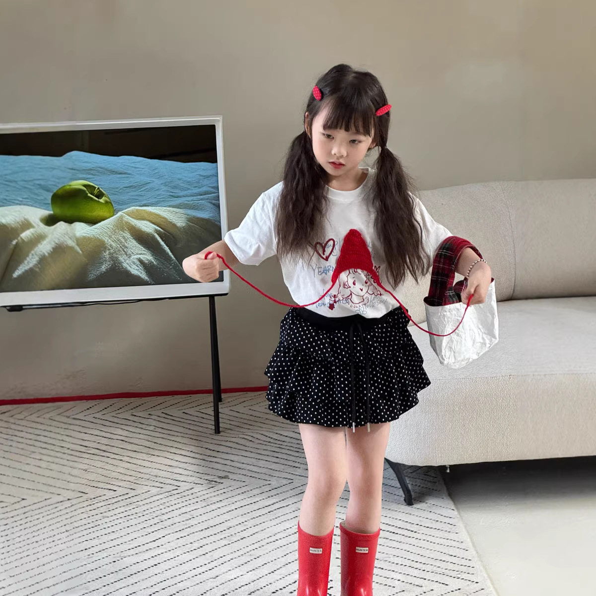 韩系夏装新 女童白色小红帽女孩短袖T恤儿童夏日慵懒宽松休闲上衣