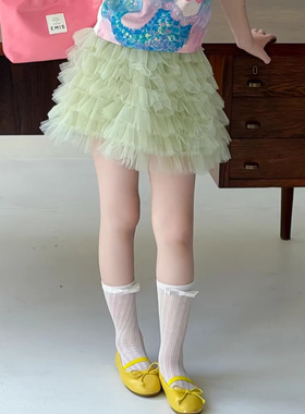 女童网纱蓬蓬裙2026夏款儿童浅绿色公主蛋糕裙短裙甜美儿童半身裙