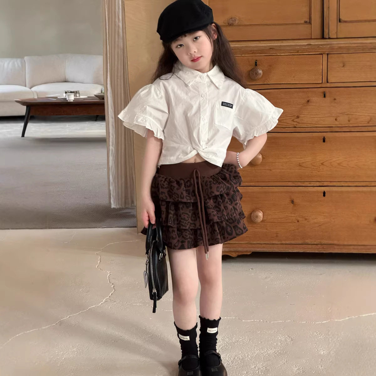 韩系夏装上衣新 女童新款韩版学院风短袖衬衣 女宝宝泡泡袖JK衬衫