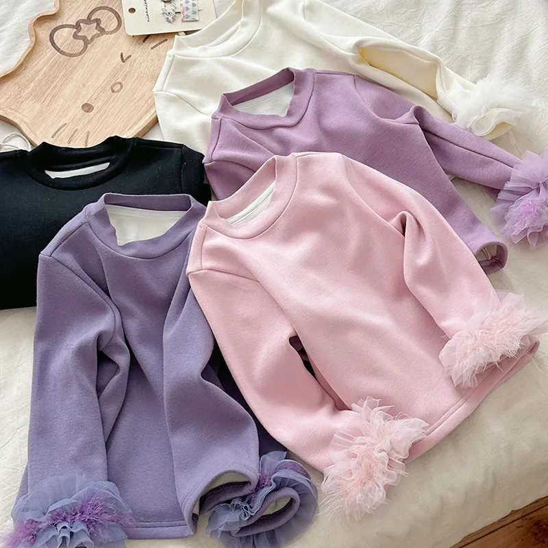 女童打底衫加绒加厚冬磨毛针织衫百搭弹力长袖花边内搭法式公主风