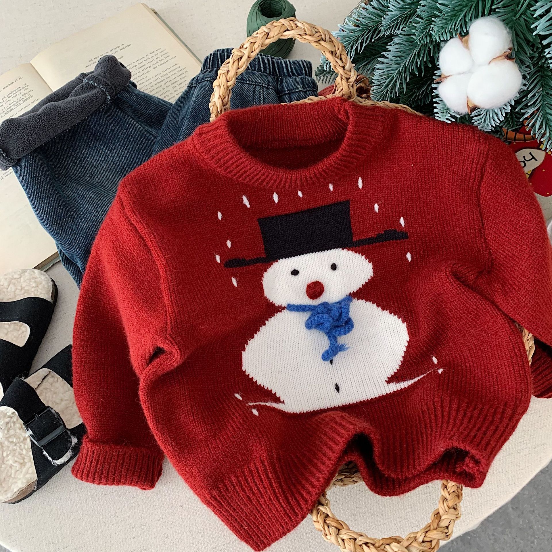 韩系儿童红色毛衣2025冬季新款男女童加厚套头针织衫宝宝线衣冬装