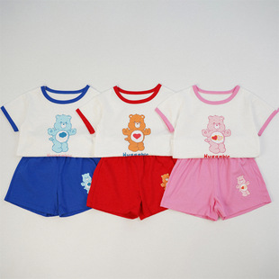 彩虹熊中小童短袖T恤女童上衣圆领夏季棉卡通儿童半袖兄妹套装韩