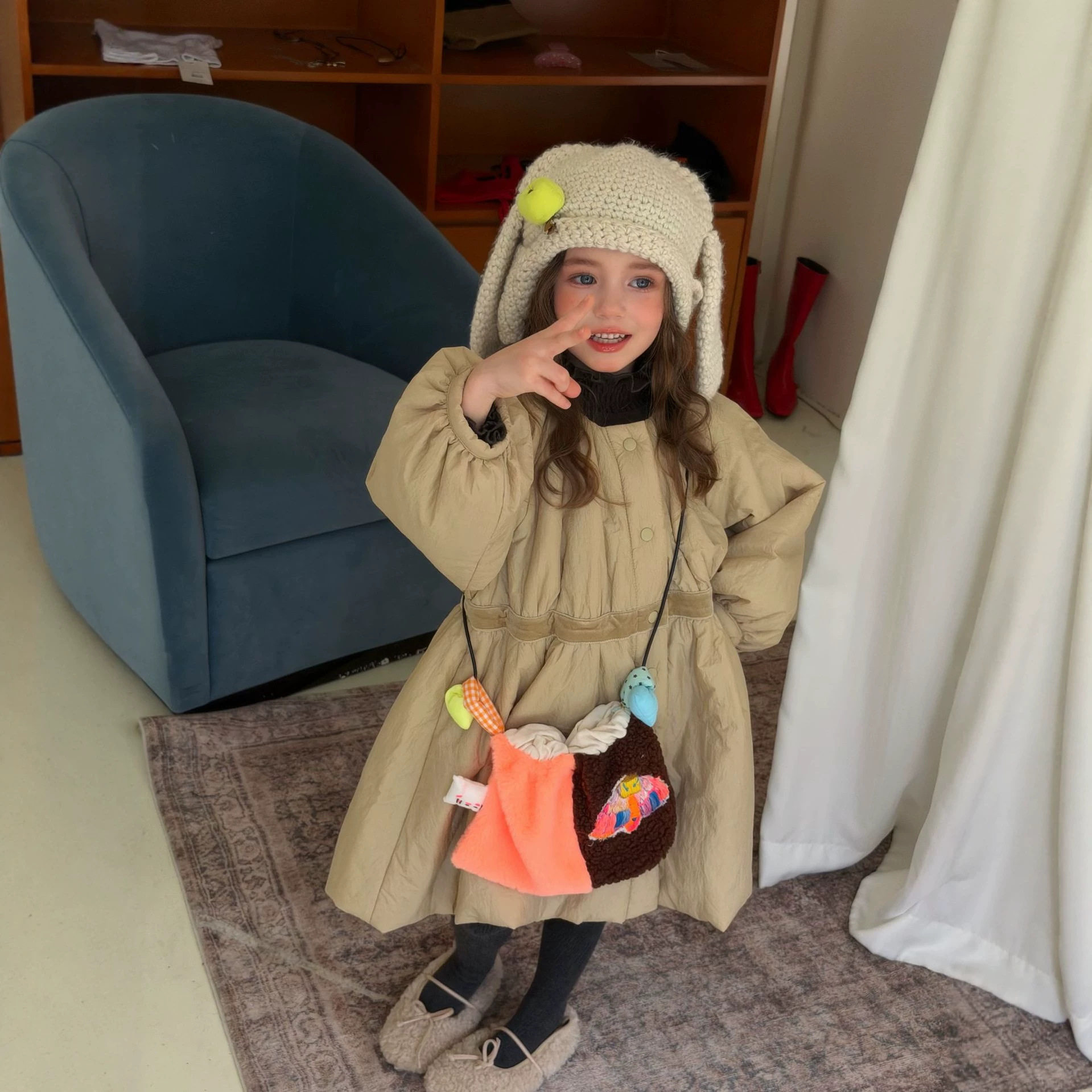 女童韩版洋气甜美花苞夹棉风衣2026秋冬新款时尚撞色长款外套秋装