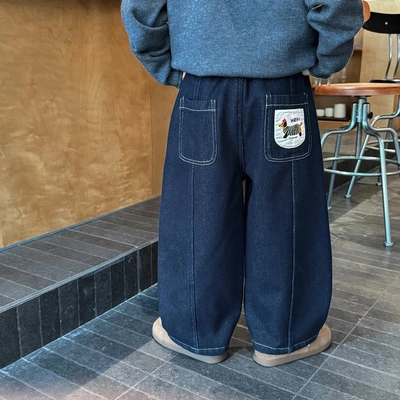 韩系秋冬装男童保暖下装加绒加厚直筒棉裤新一体绒小狗刺绣牛仔裤