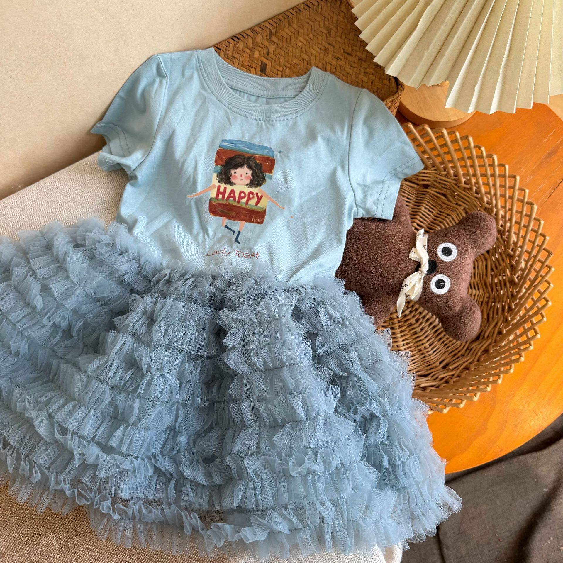 2026女童新款夏季洋气幼儿园插画可爱卡通T恤蓬蓬纱短袖连衣裙子