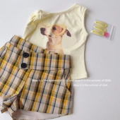 背心吊带上衣打底衫 子清凉无袖 韩系 狗狗斜肩背心格纹短裤 女童夏季