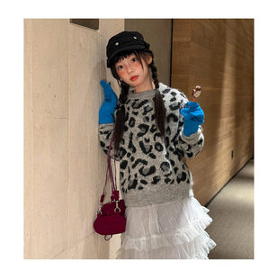 韩系新女童2026秋款韩版豹纹套头毛衣儿童复古宽松圆领针织上衣潮