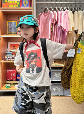 夏装新 26夏季新品童装中小童男童撕拉片小马无感印花白色短袖T恤